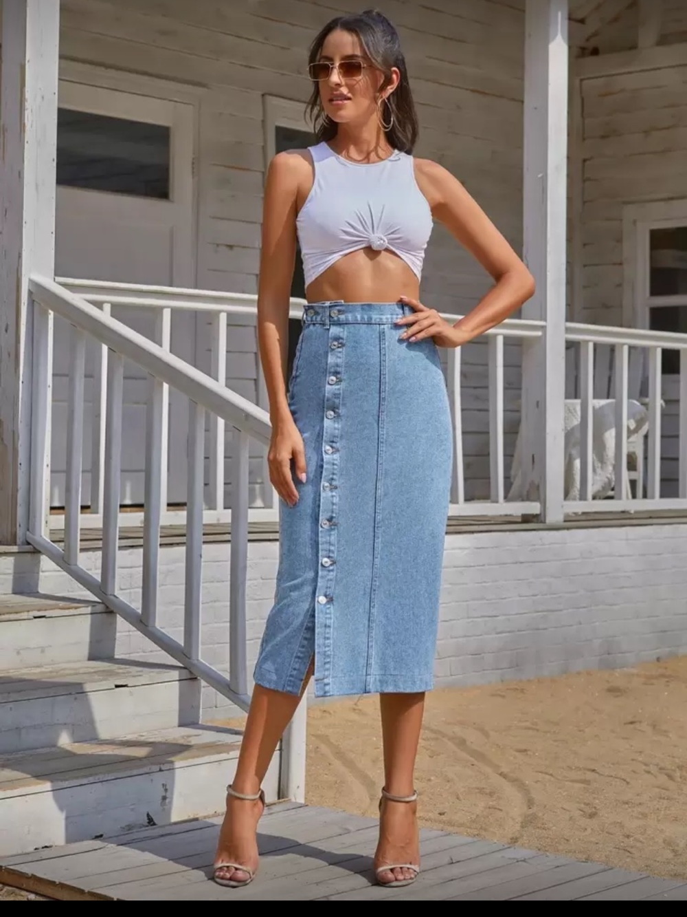 SHEIN Light Blue Button-Front Denim Midi Skirt
